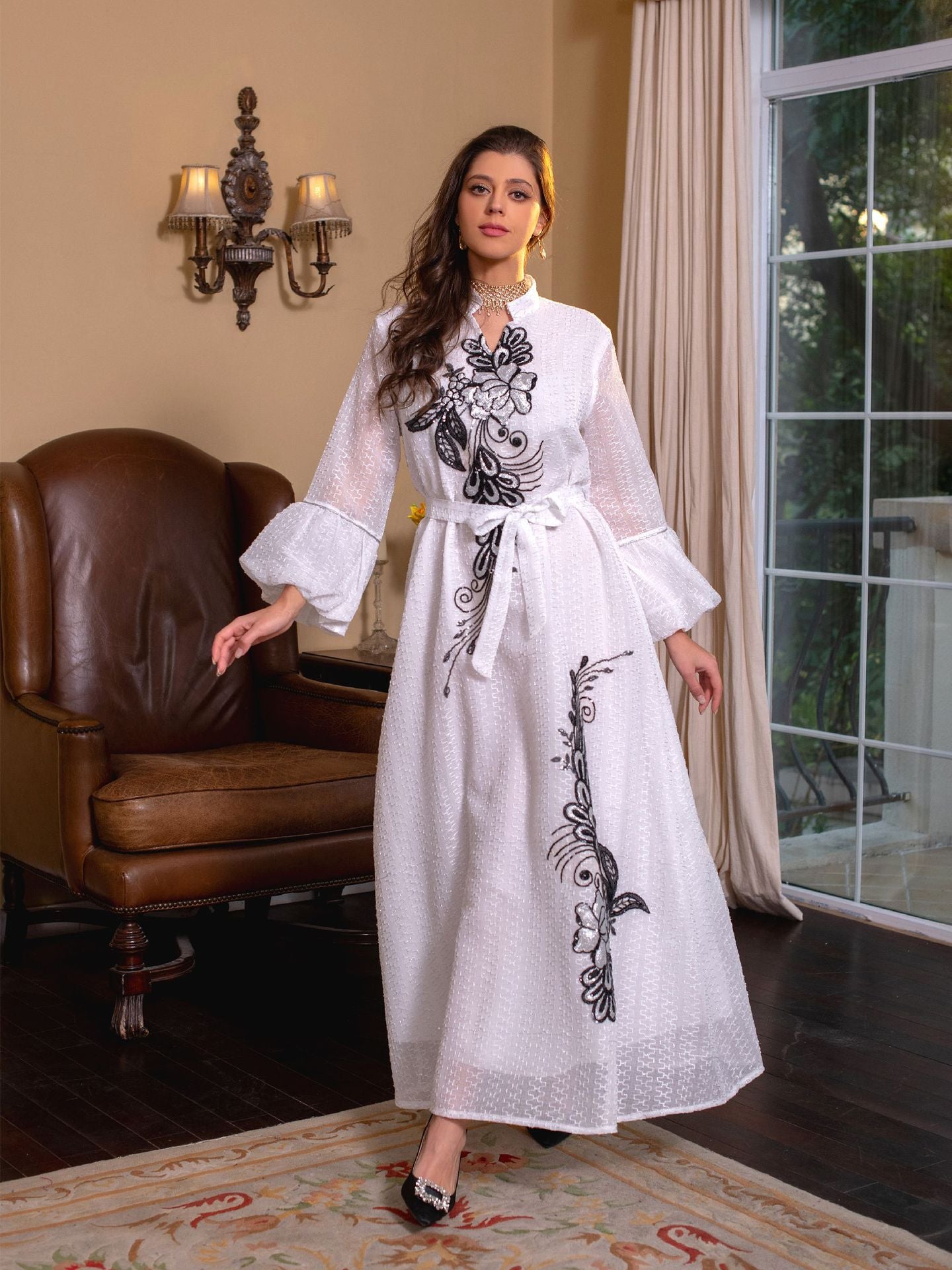 Floral Muslim Women's Embroidery Robe Dress