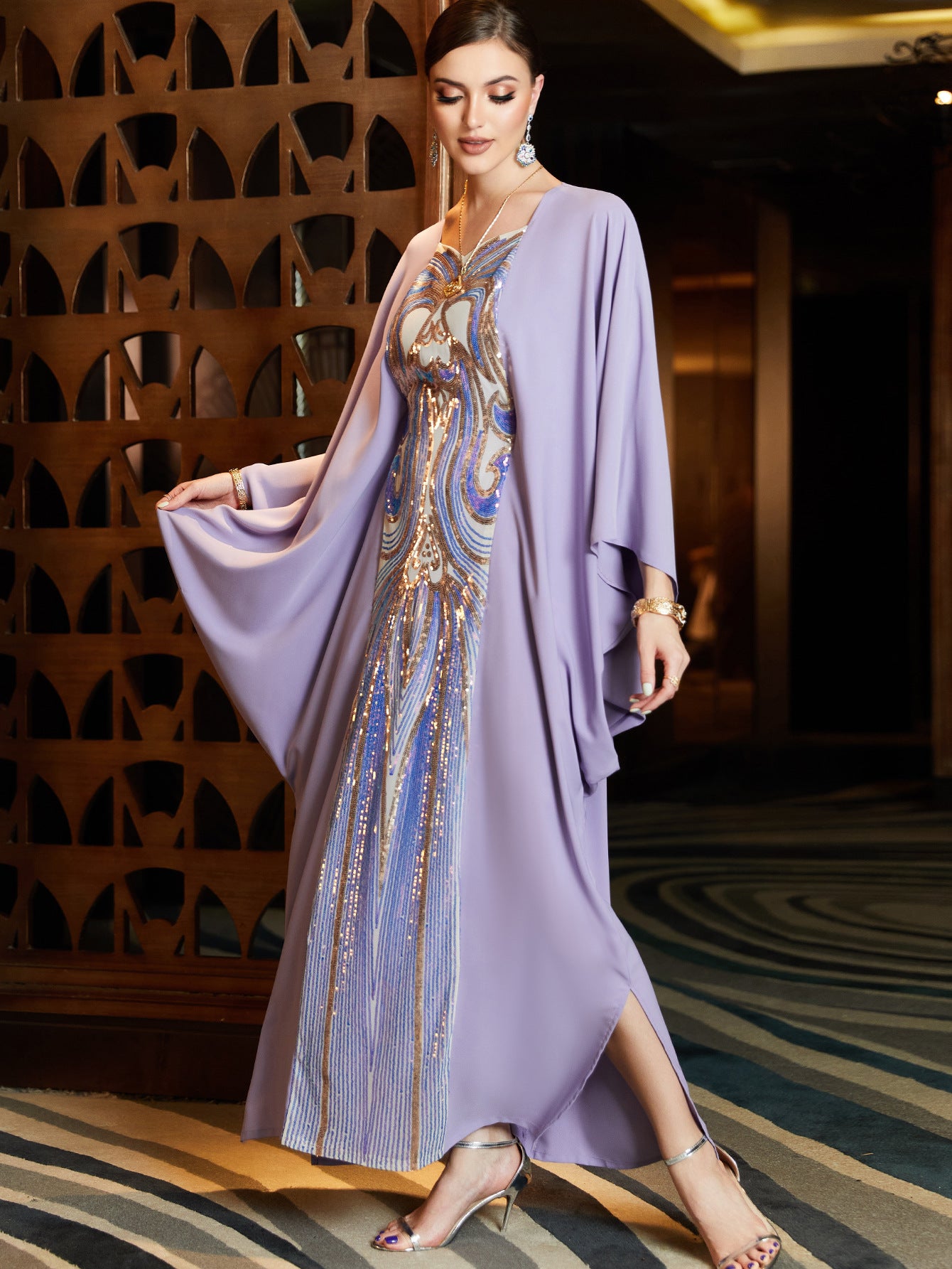 Sequin embroidered Cape Bat-shirt Abaya Party Dress