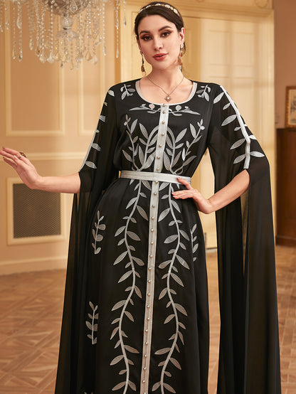 Embroidered Beaded Panel Dress with Large Swing Sleeves