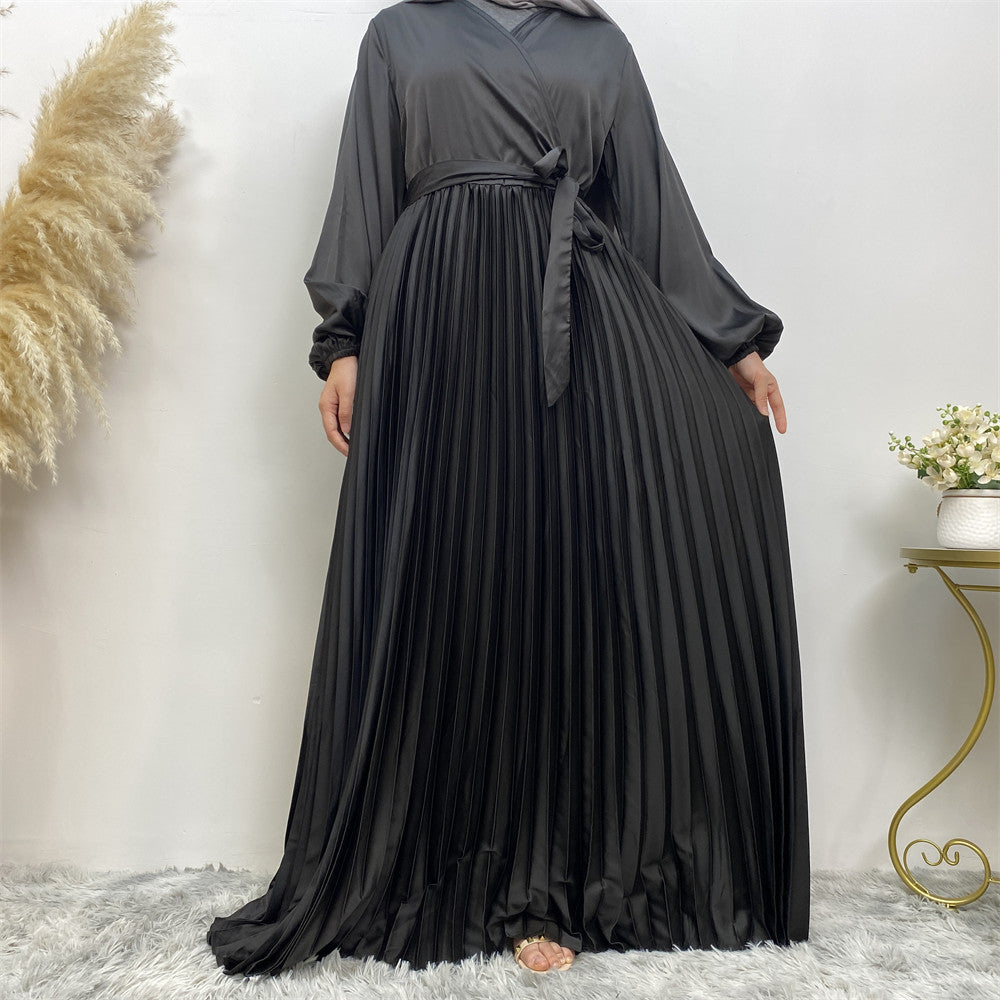 V-neck Patchwork Pleated Maxi Dress