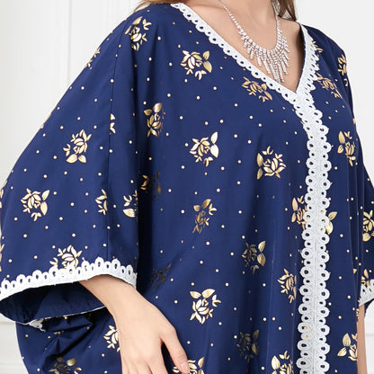 Bat Sleeves Loose Lace Webbing Foil Print Dress