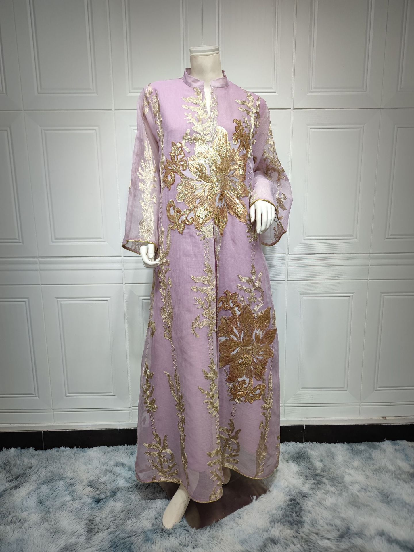 Women's Gold Beaded Embroidered Gauze Dress