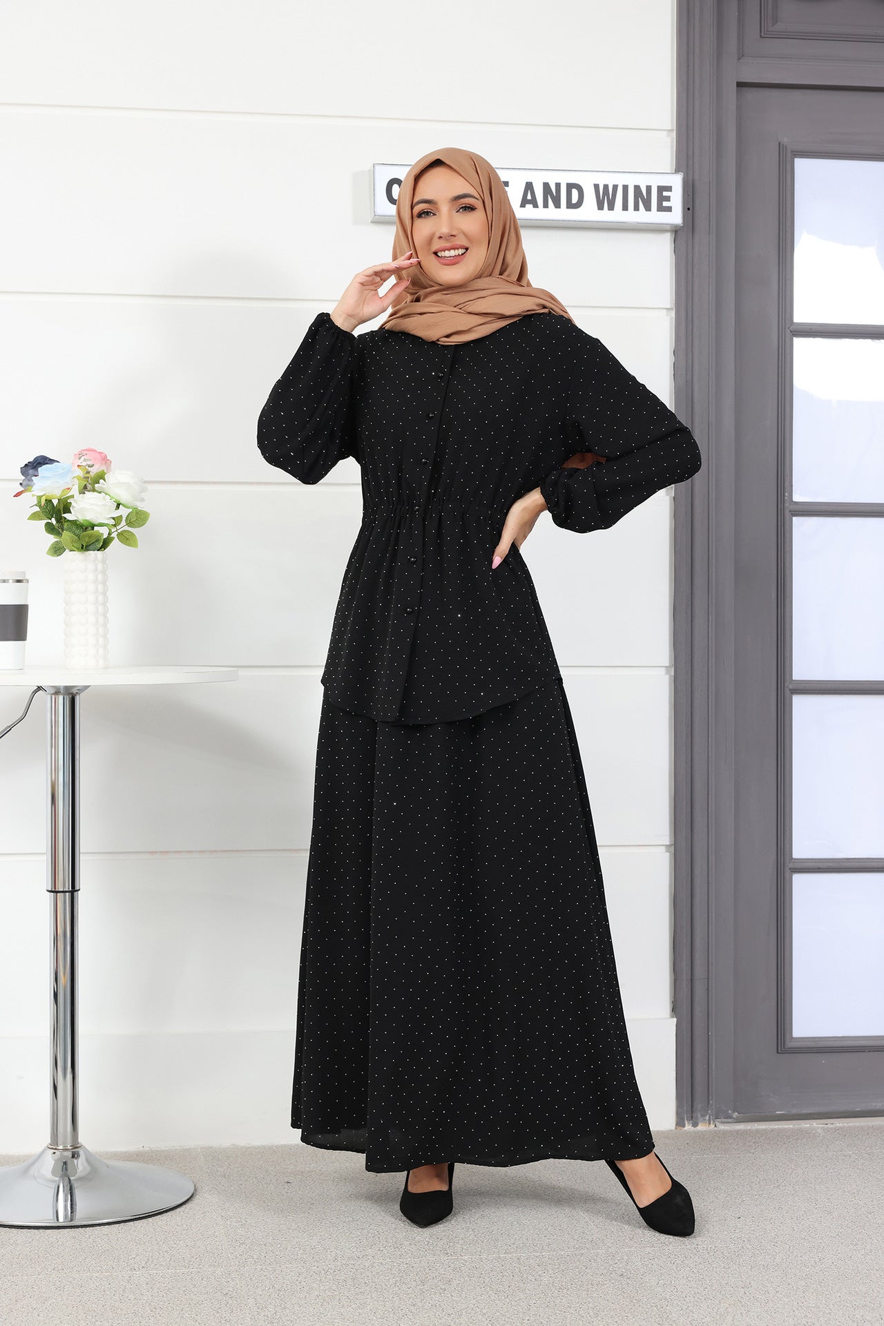 Women's Bubble Sleeve Round Neck Semi-Dress Sets