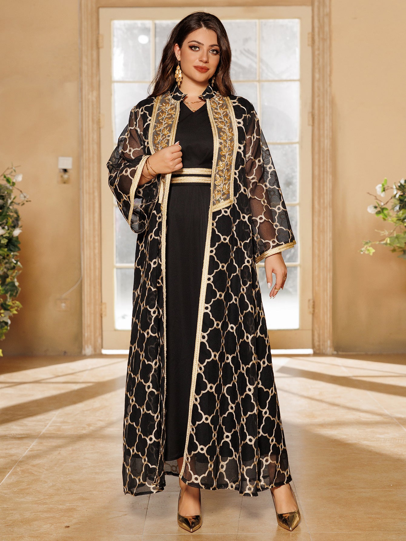 Women's Embroidered Vest Open Abaya Suit