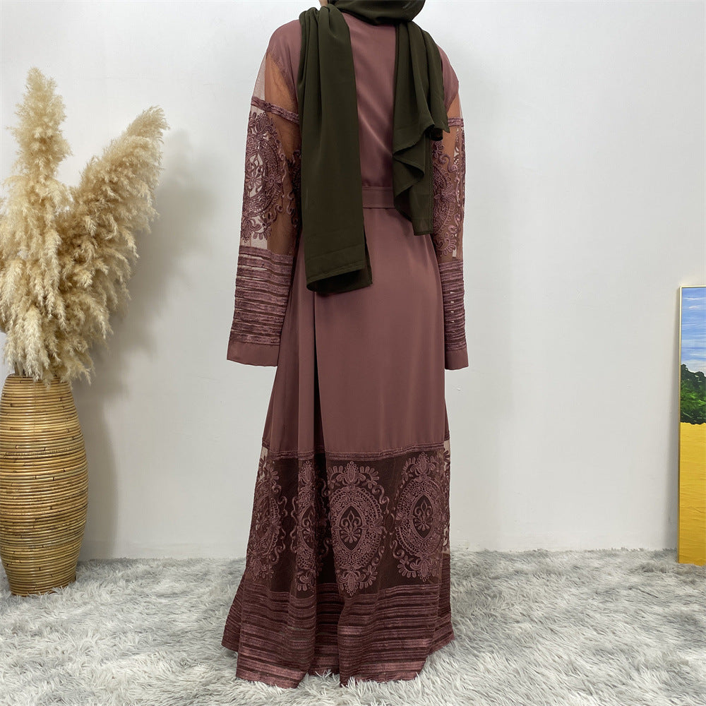 Women's Embroidered Mesh Cardigan Robe Dress