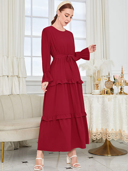 Islamic Plain Ruffled Red Abaya Dress