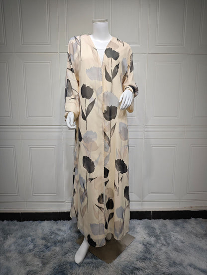 Women's Printed Robe Open Abaya with Hijab