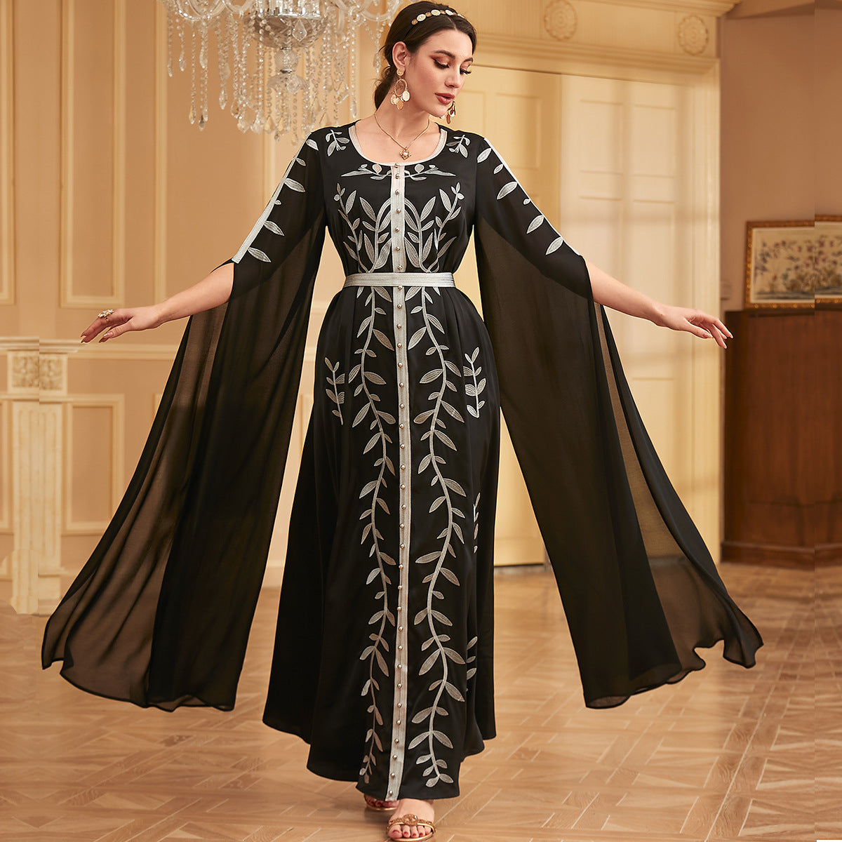 Embroidered Beaded Panel Dress with Large Swing Sleeves