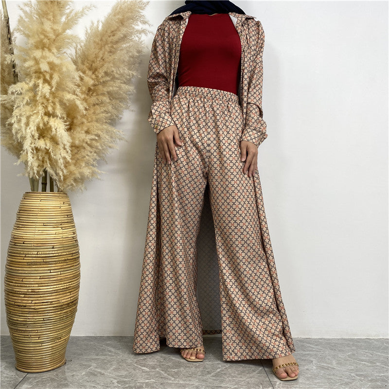 Printed Satin Button-down Robe+ Pocket Pants Two-piece Set