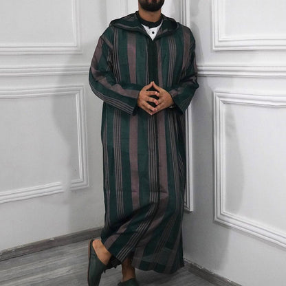 Striped Long Muslim Thobe Hoodie