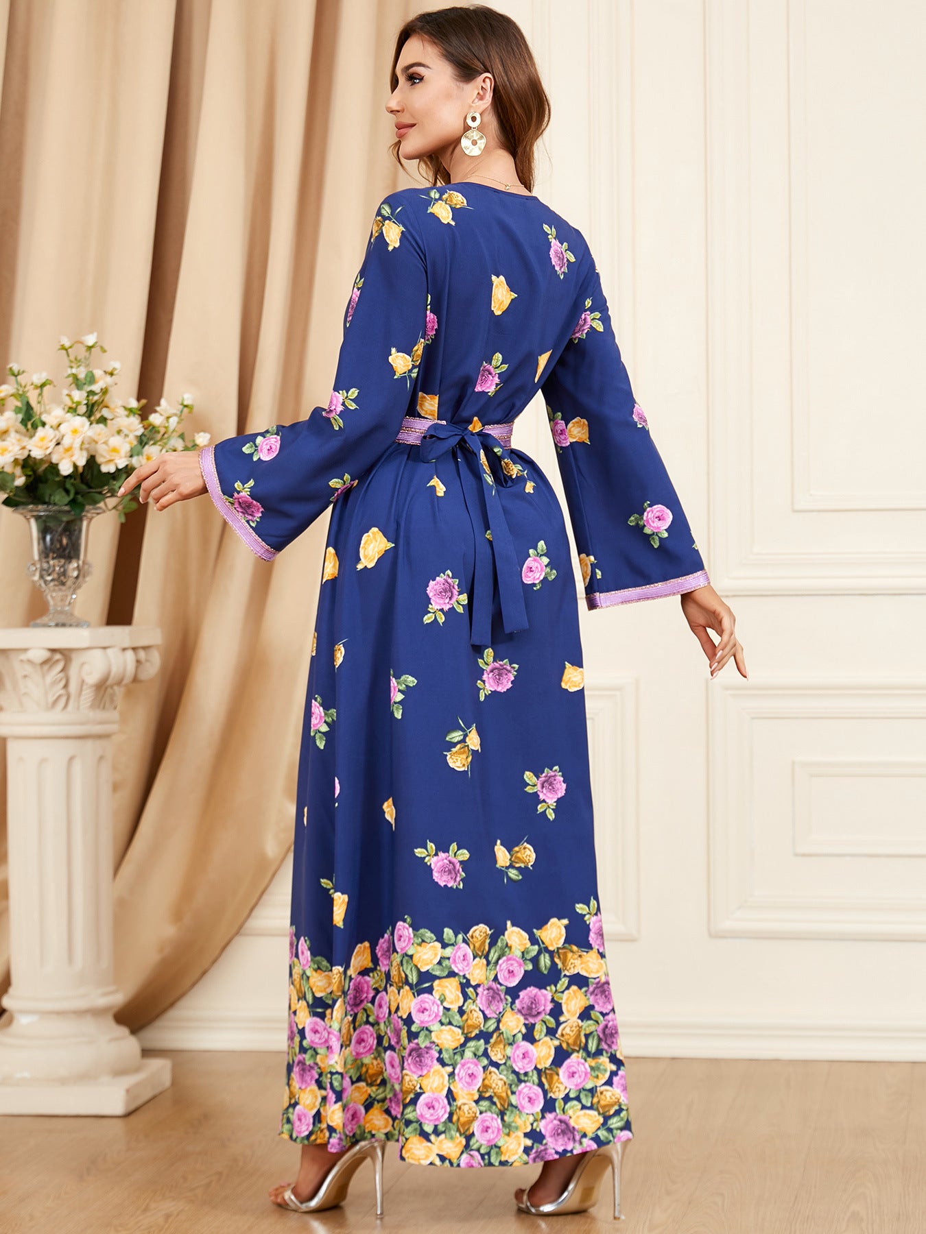 Arabic V-neck Floral Patterned Dress