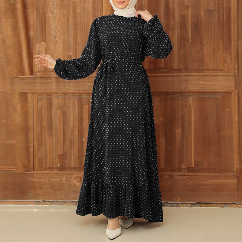 Vintage Polka Dot Print Long-sleeved Ruffle Dress