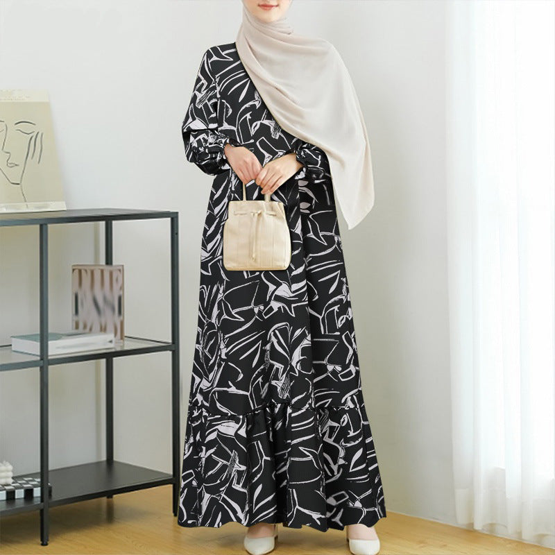Women's Long-sleeved Geometric Print Ruffle Dress