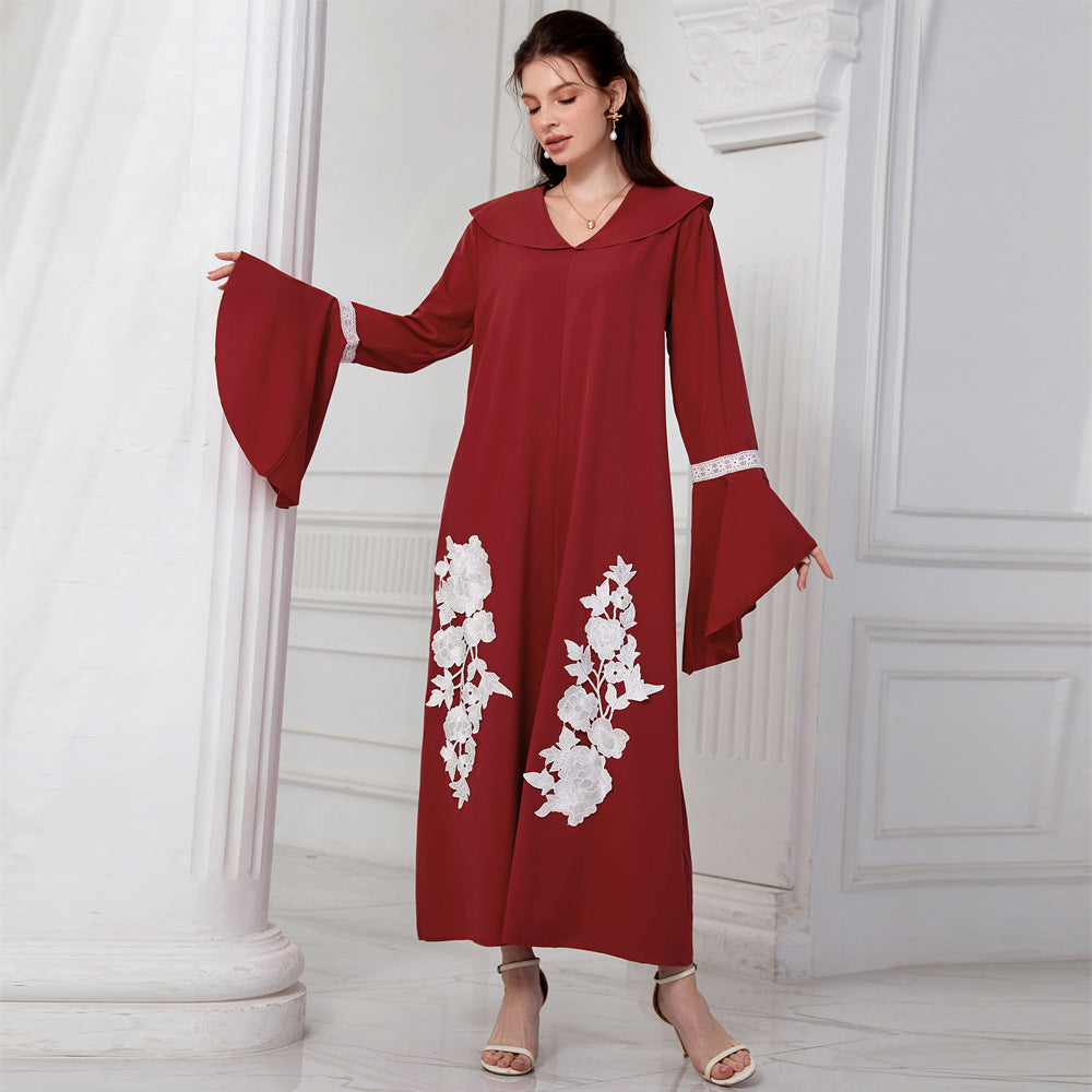 Women's V-neck Flared Sleeves Embroidered Robe Dress