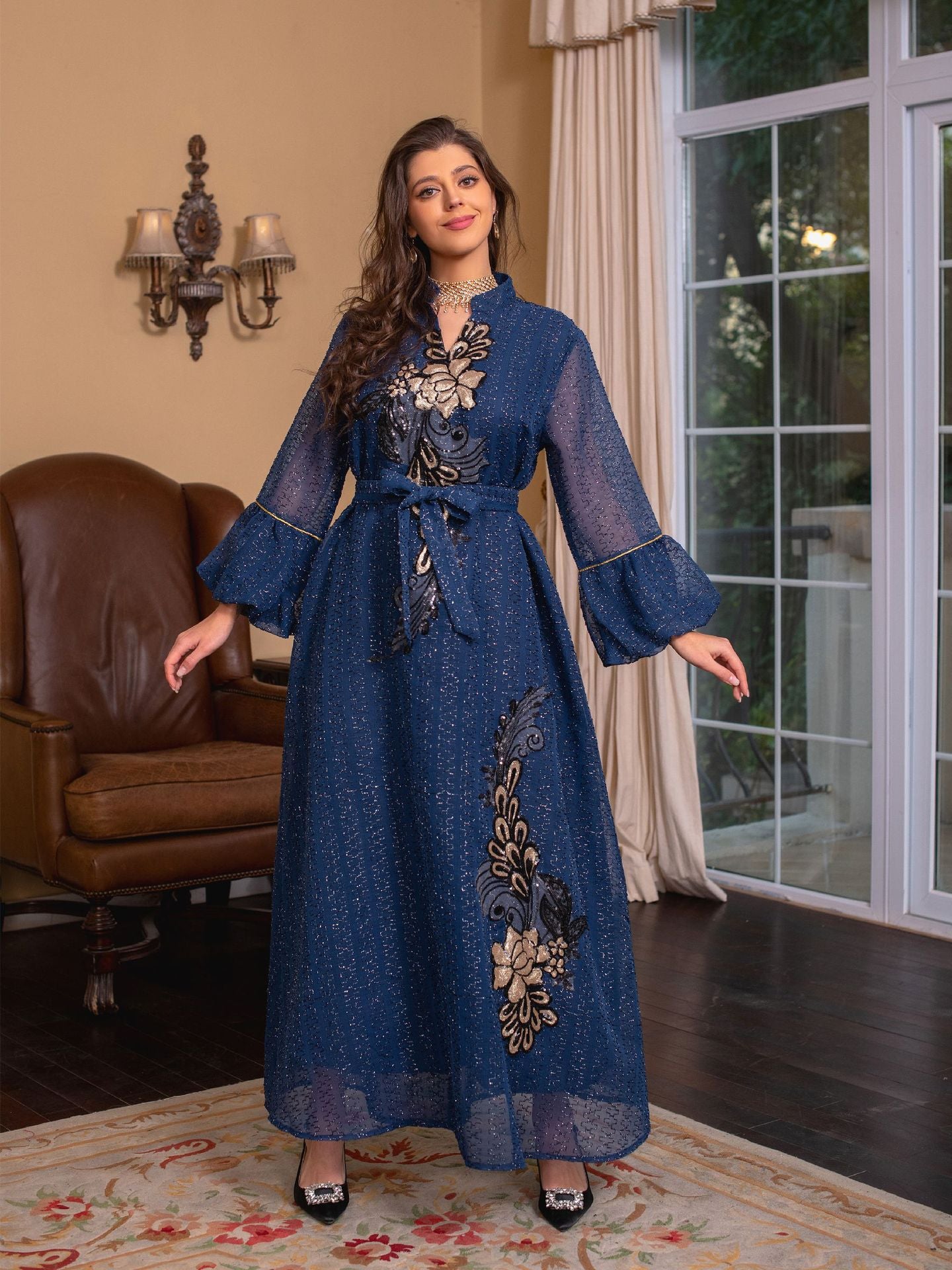 Floral Muslim Women's Embroidery Robe Dress