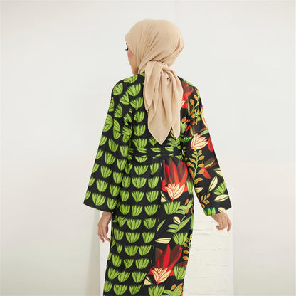 V-Neck Printed Cardigan Open Abaya Dress