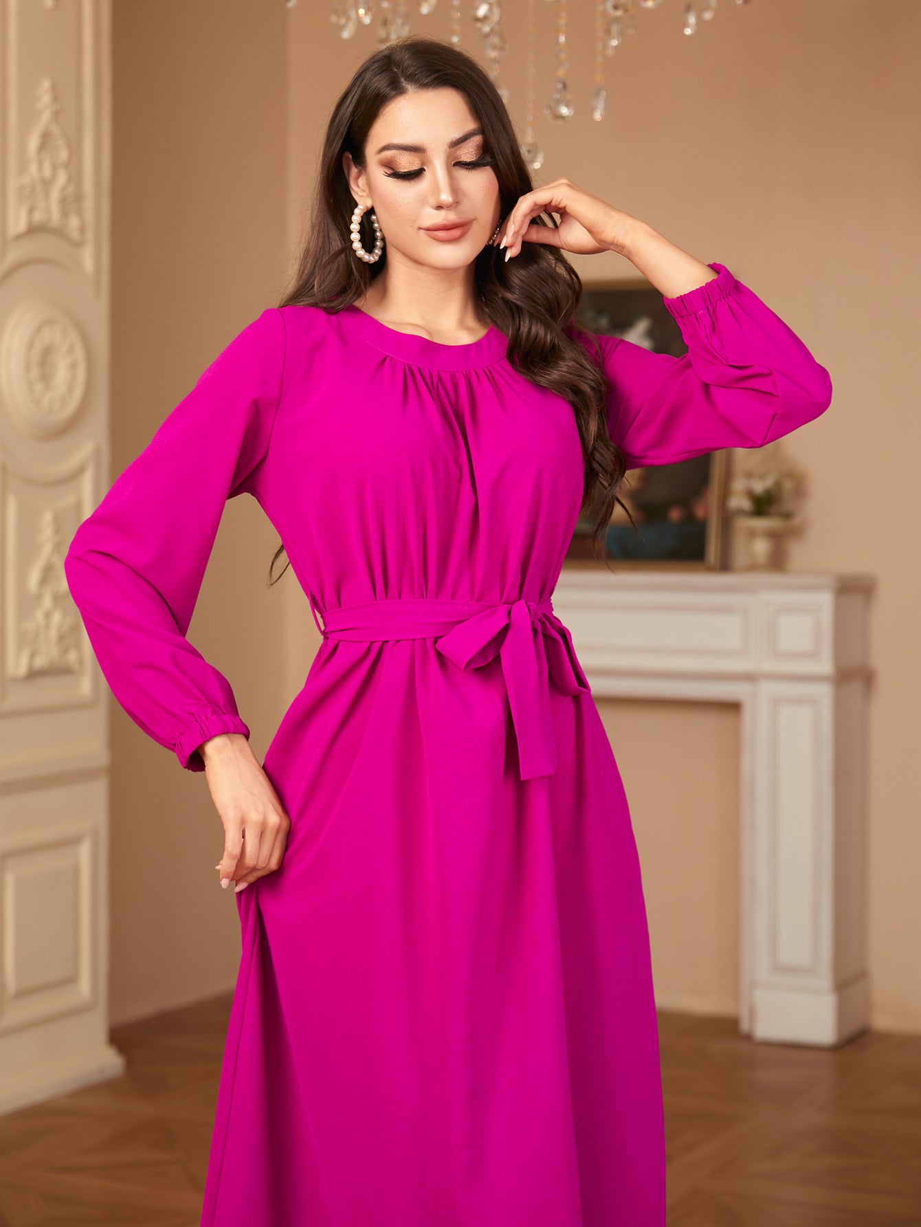 Slim-Fit Solid Color Dress Long Dress (With Belt)