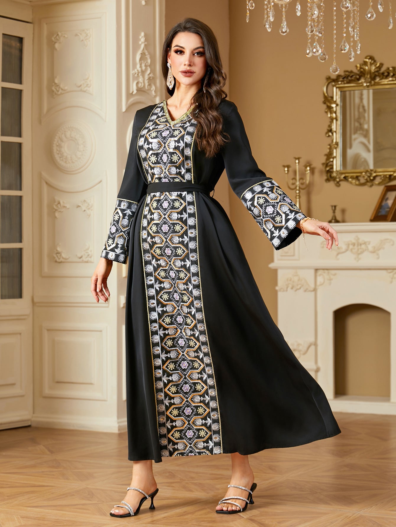 Bead Embroidery Panels Long-sleeved Dress