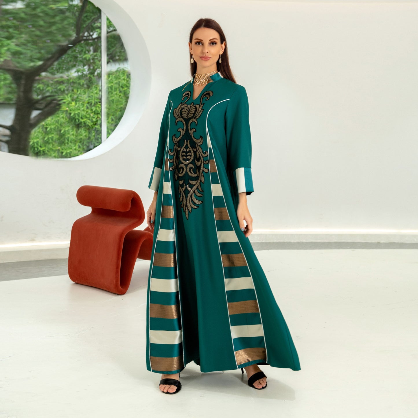 Women's Embroidered Striped Robe Dress