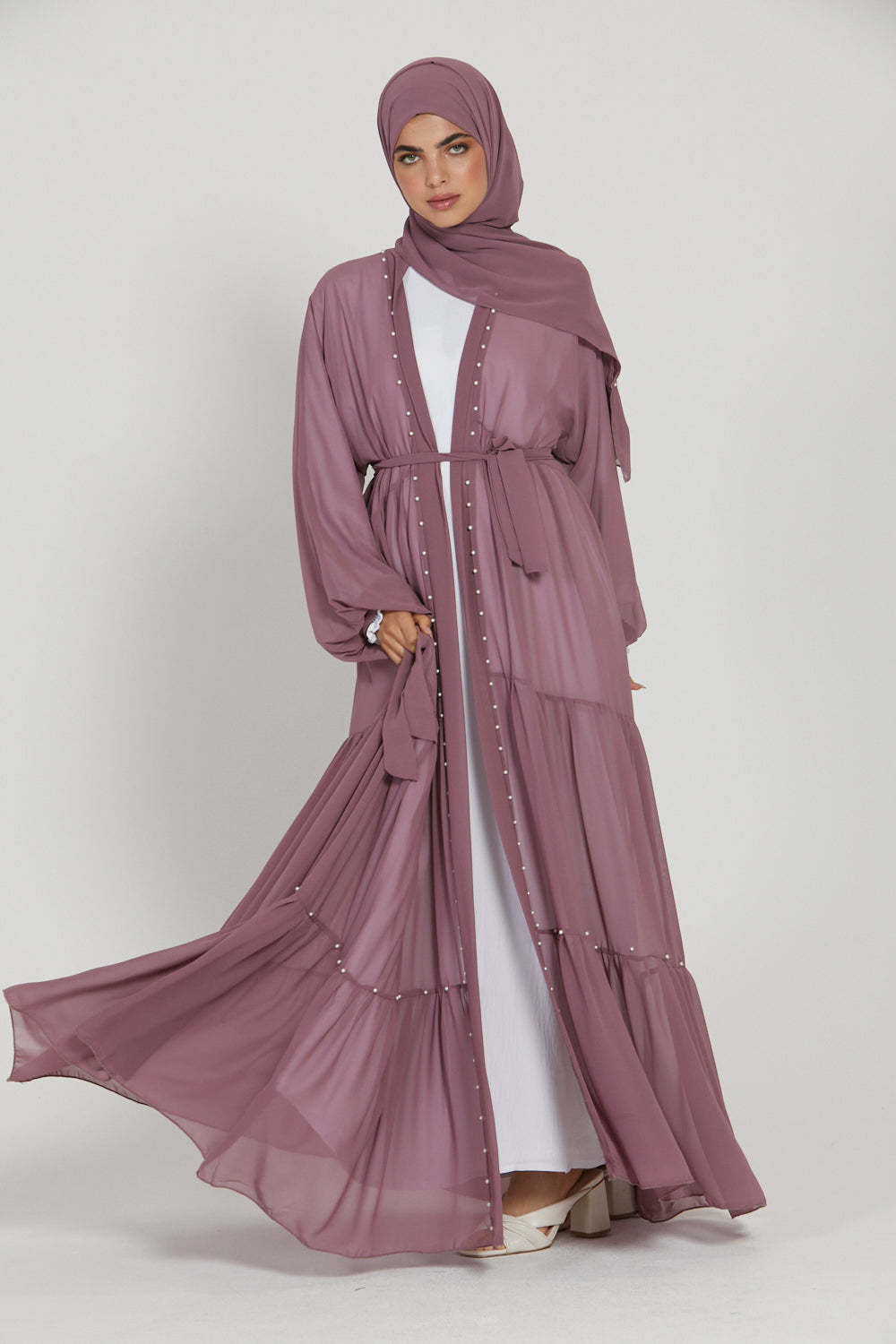 Solid Beaded Strappy Chiffon Cardigan Robe