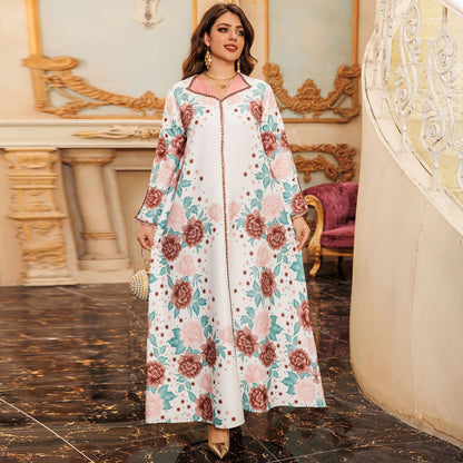 Women's Printed Diamond-set Floral Modest Dress