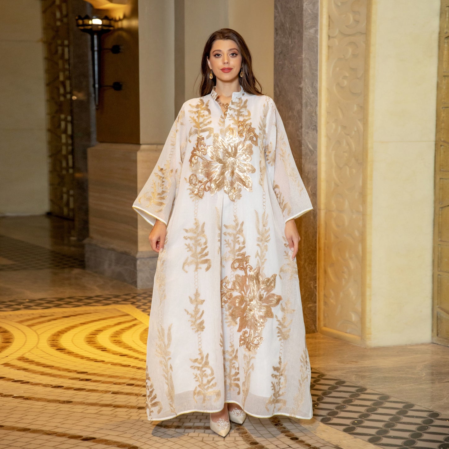 Women's Gold Beaded Embroidered Gauze Dress