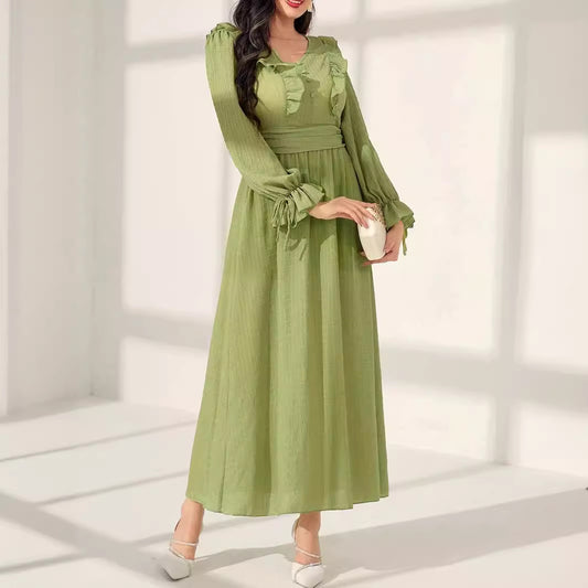 Women's V-neck Trim Waist Green Dress