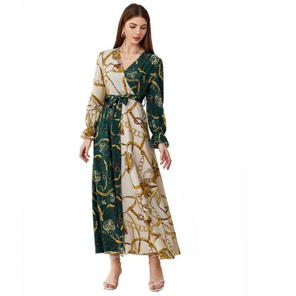 Women's V-neck Long-sleeve Color-block Printed Dress