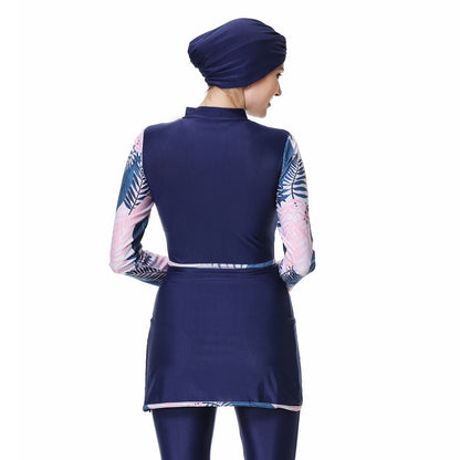 Printed Patchwork Pants + Top + Hat Three-piece Swimsuit Burkini