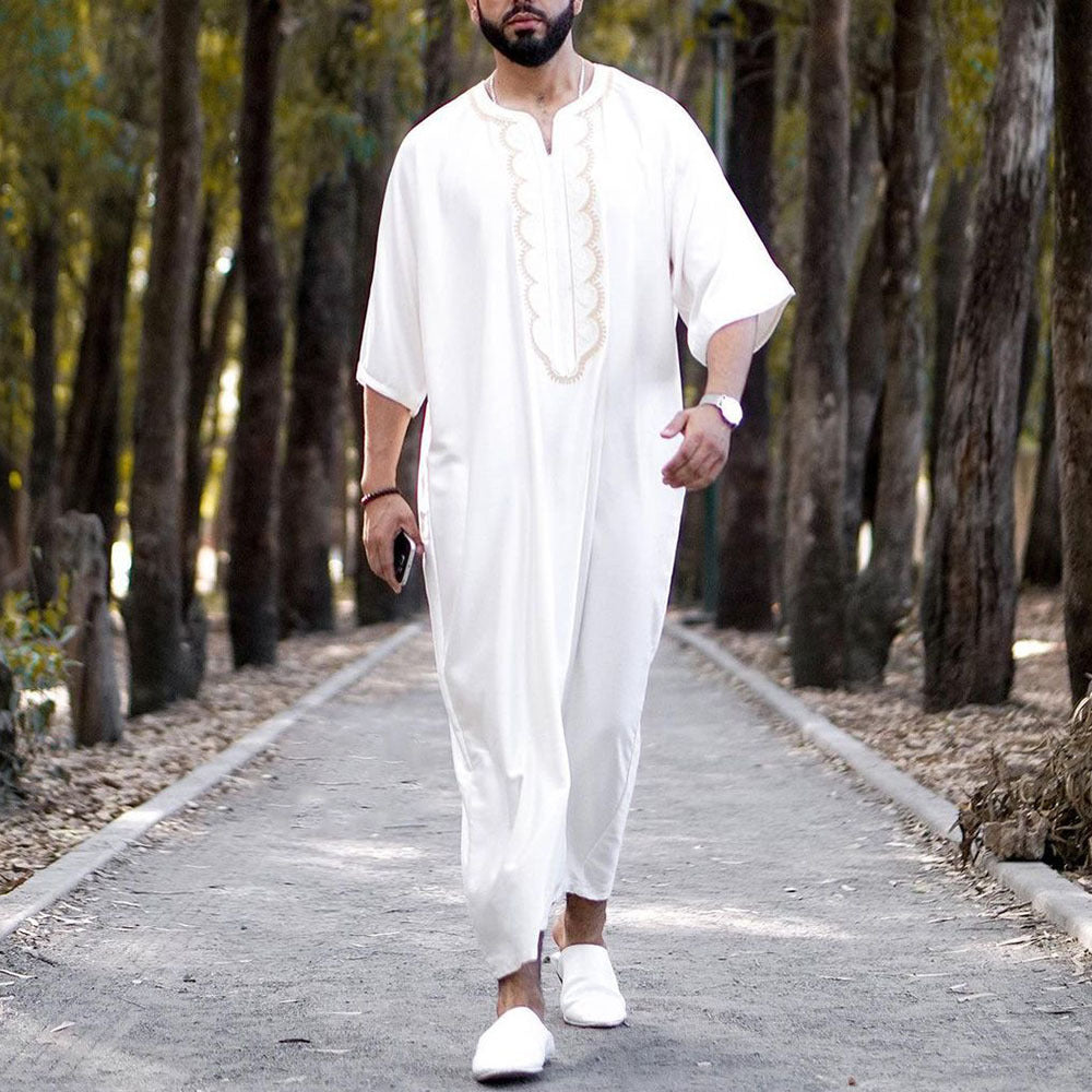 Collarless Casual White Muslim Thobe