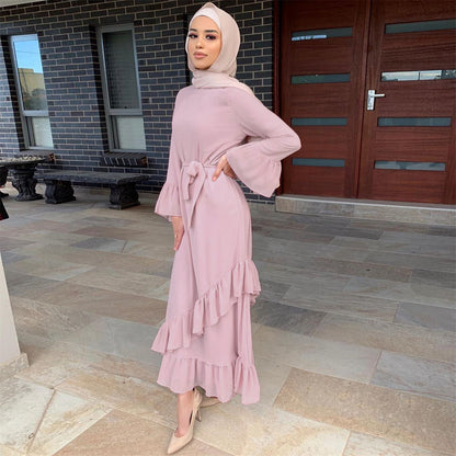 Plain Long Sleeve Ruffle Abaya Dress