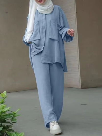 Women's Solid Color Trousers And Shirt Sets