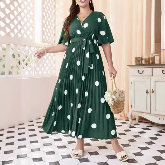 Women's Polka Dot Print Flared Sleeve Lace-up Pleated Dress