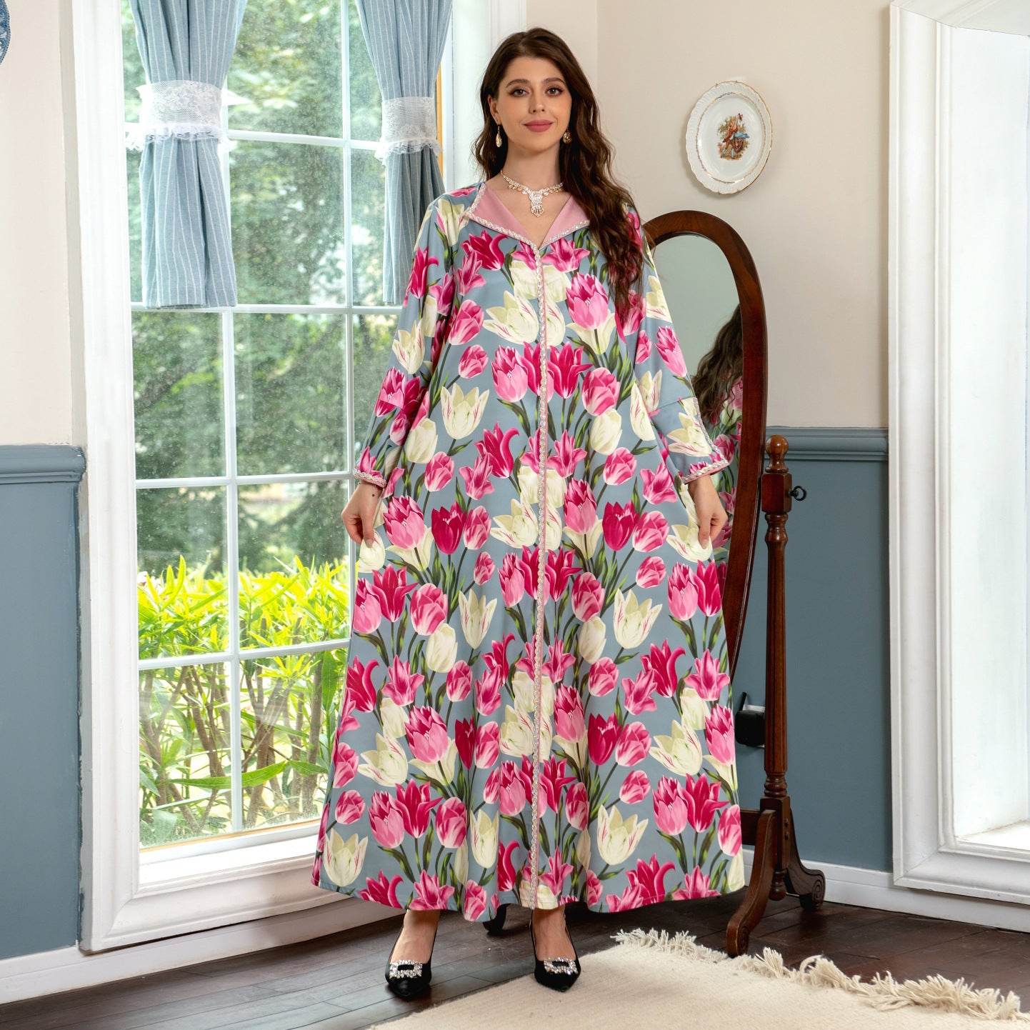 Sweet Tulip Print Robe Abaya Dress