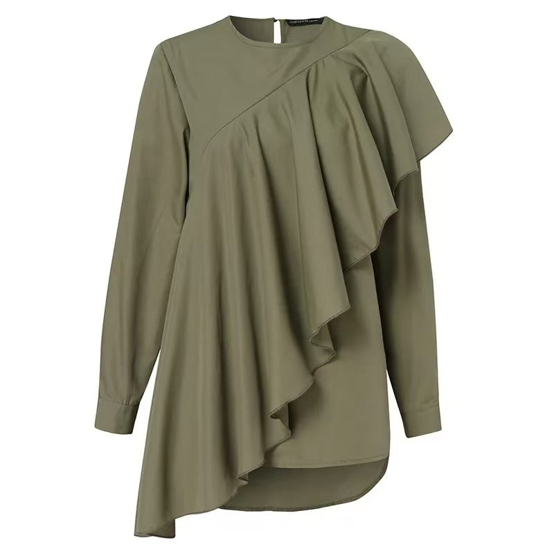 Ruffled Crewneck Solid Color Loose Long-sleeved Shirt