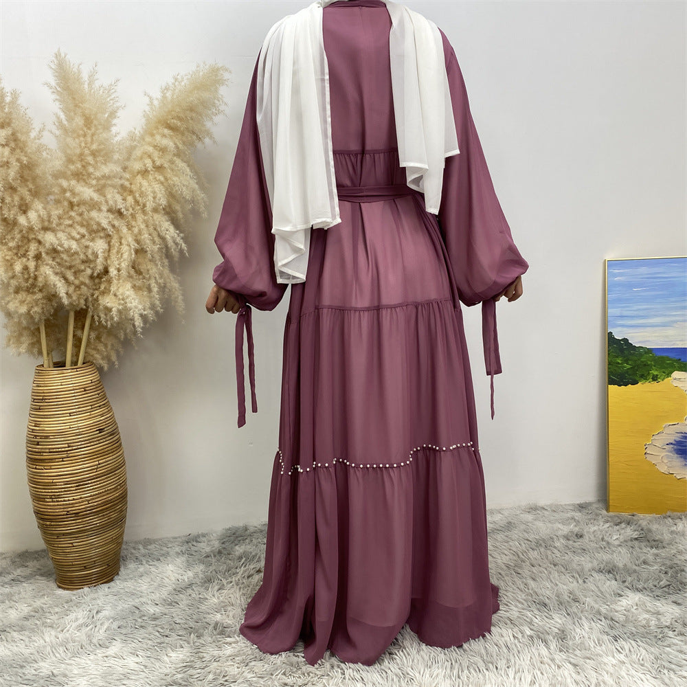 Solid Beaded Strappy Chiffon Cardigan Robe