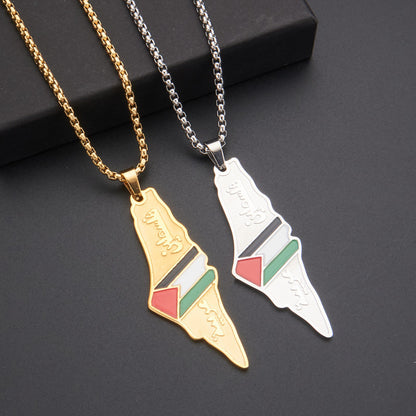 Stainless Steel Flag Map Pendant Necklace