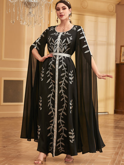 Embroidered Beaded Panel Dress with Large Swing Sleeves