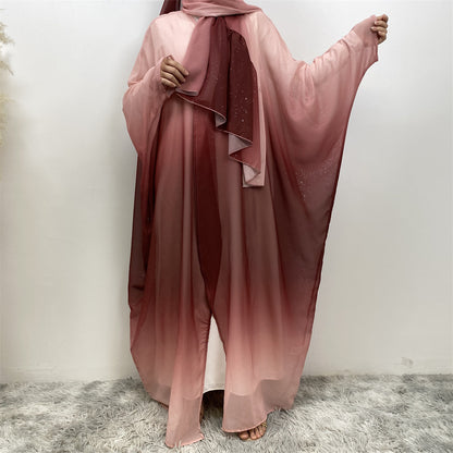 Muslim Chiffon Cardigan Gradient Bat Sleeve Set with Hijab