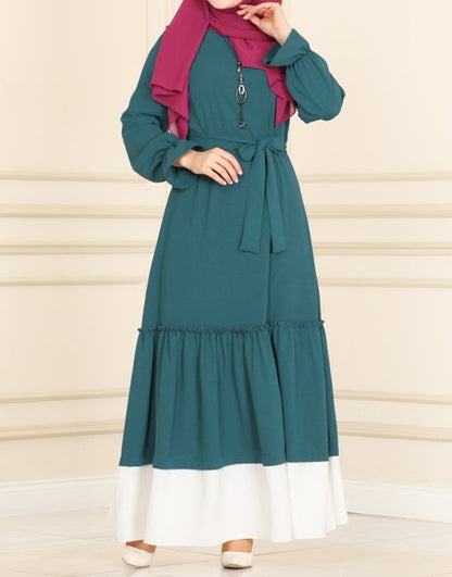 Color-blocked Fungus-trimmed Waist-cinching Lace-up Dress