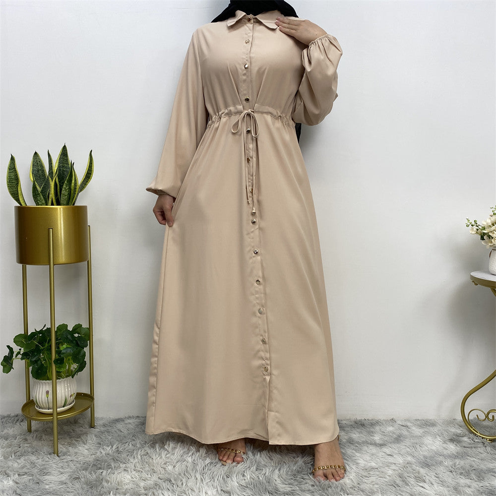 Polo Neck Net Color Full Button Fitted Dress