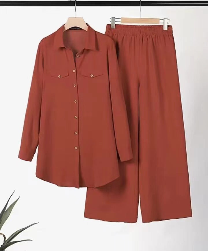 Women's Solid Color Shirt and Trousers Two-piece Suit