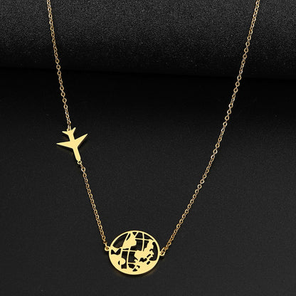 Stainless Steel Airplane and World Map Necklace