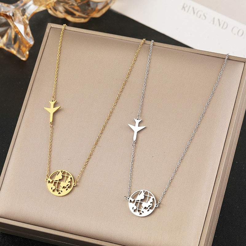 Stainless Steel Airplane and World Map Necklace