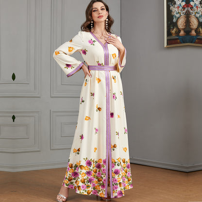 Arabic V-neck Floral Patterned Dress