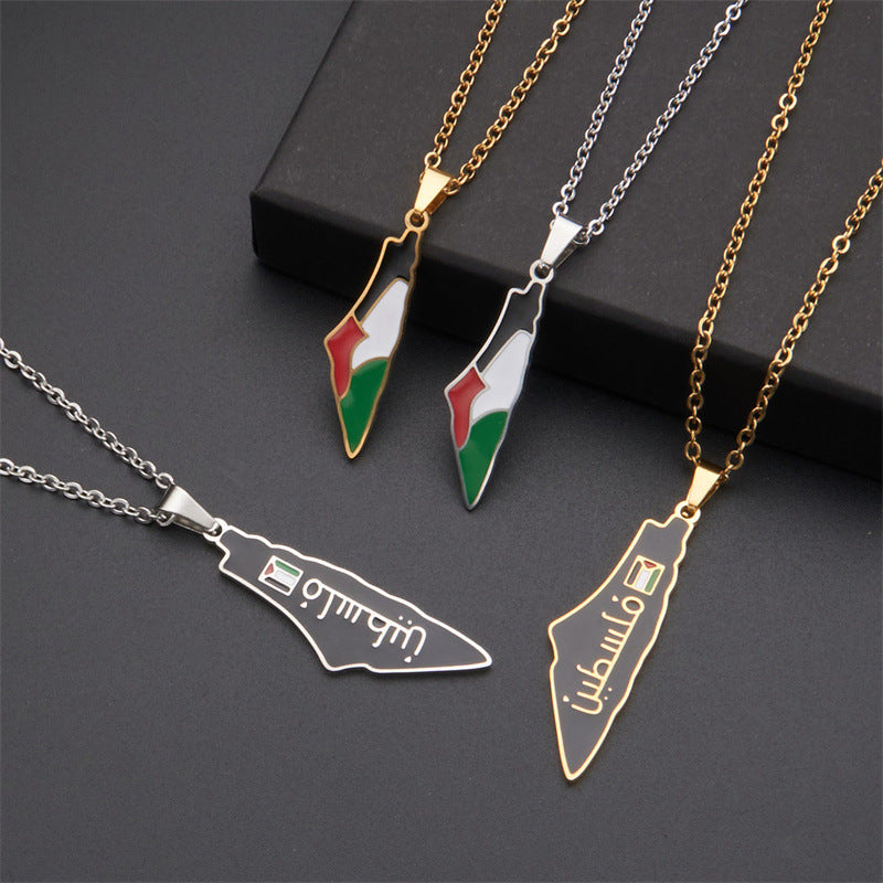 Stainless Steel Palestine Flag Map Pendant Necklace