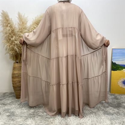 Solid Beaded Strappy Chiffon Cardigan Robe