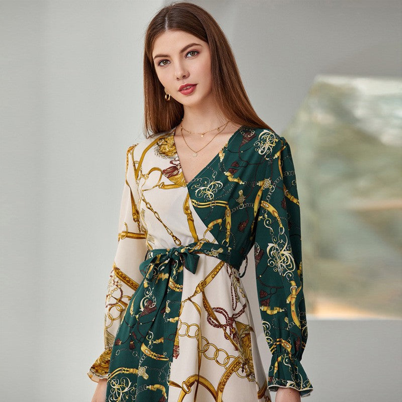 Women's V-neck Long-sleeve Color-block Printed Dress