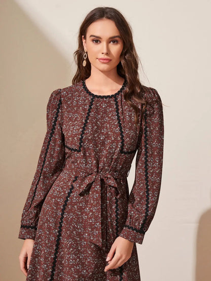 Women's Crewneck Long Sleeve Print Maxi Dress