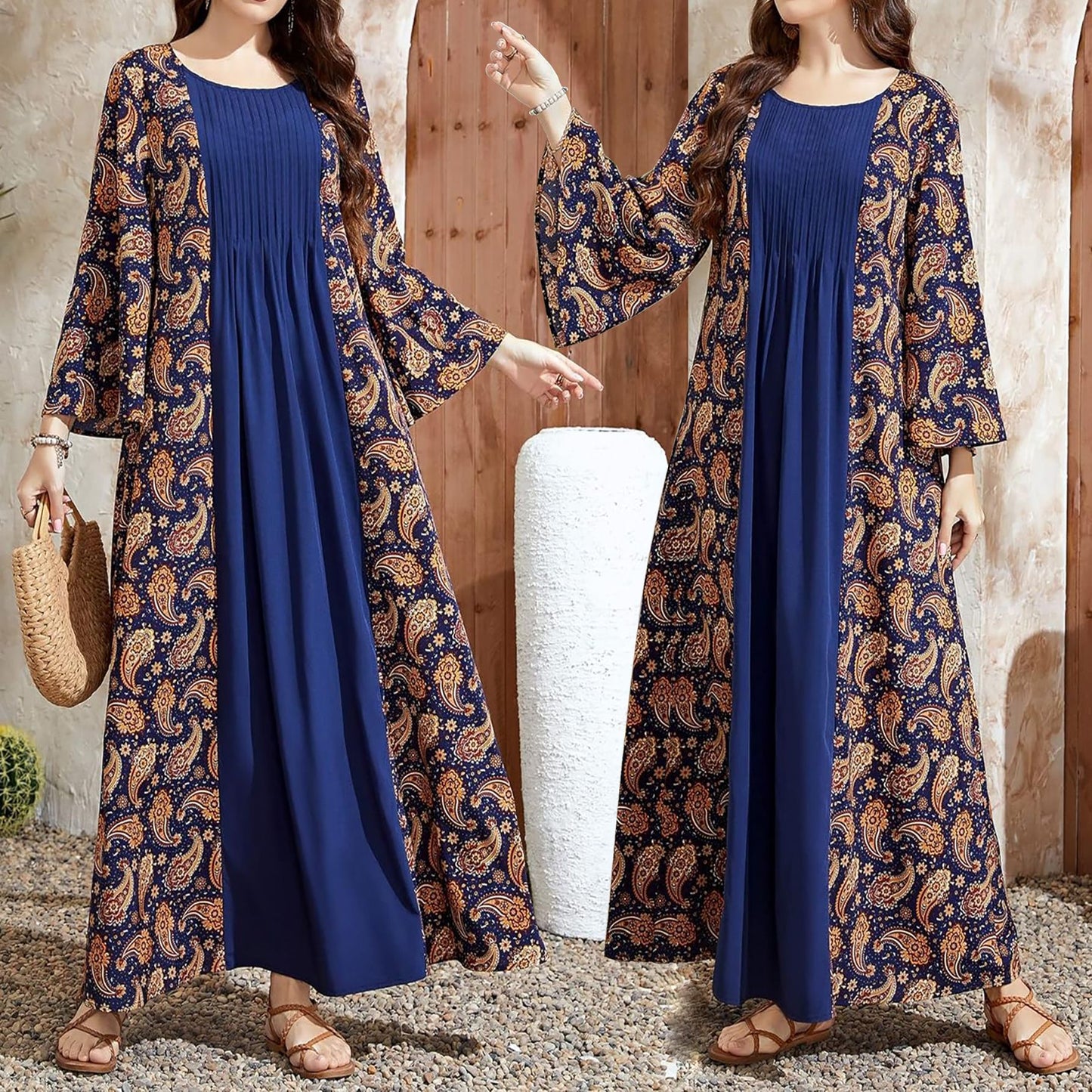 Women's Printed Casual Panelled Flared Sleeve Dress